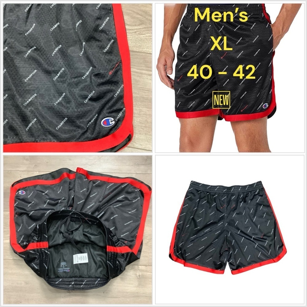 Mens Champion XL 40 - 42 Shorts Logo Black Red Basketball Jersey Mesh Drawstring